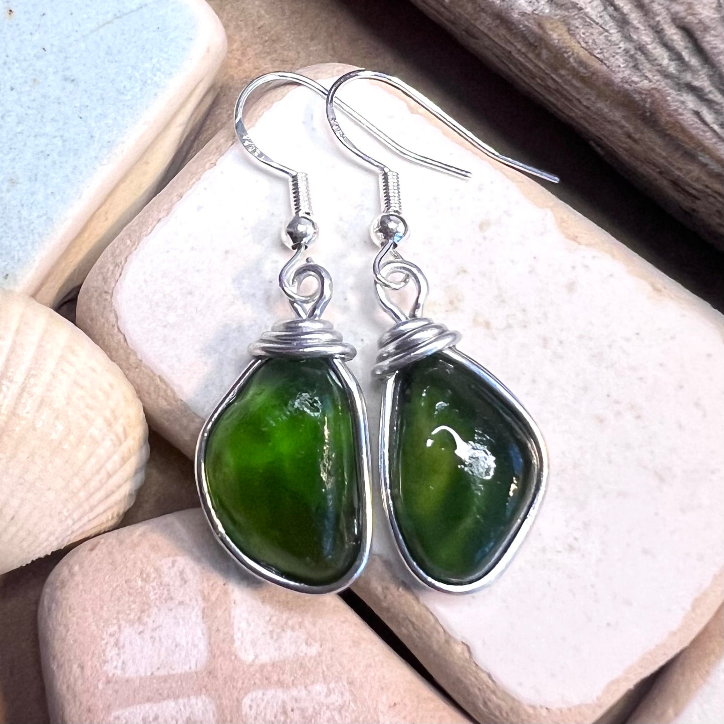 Bright Green Seaham Sea Glass Earrings