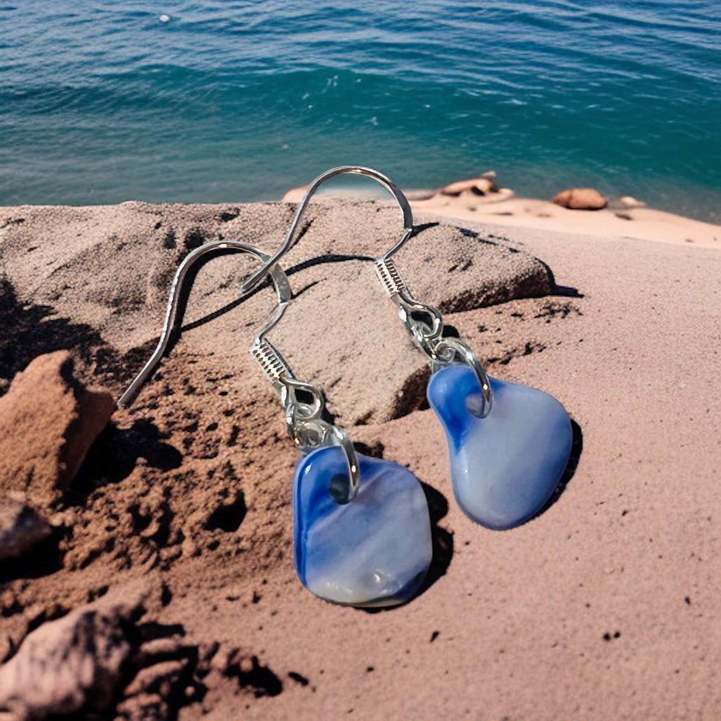 Blue and White Milky Seaham Sea Glass Earrings