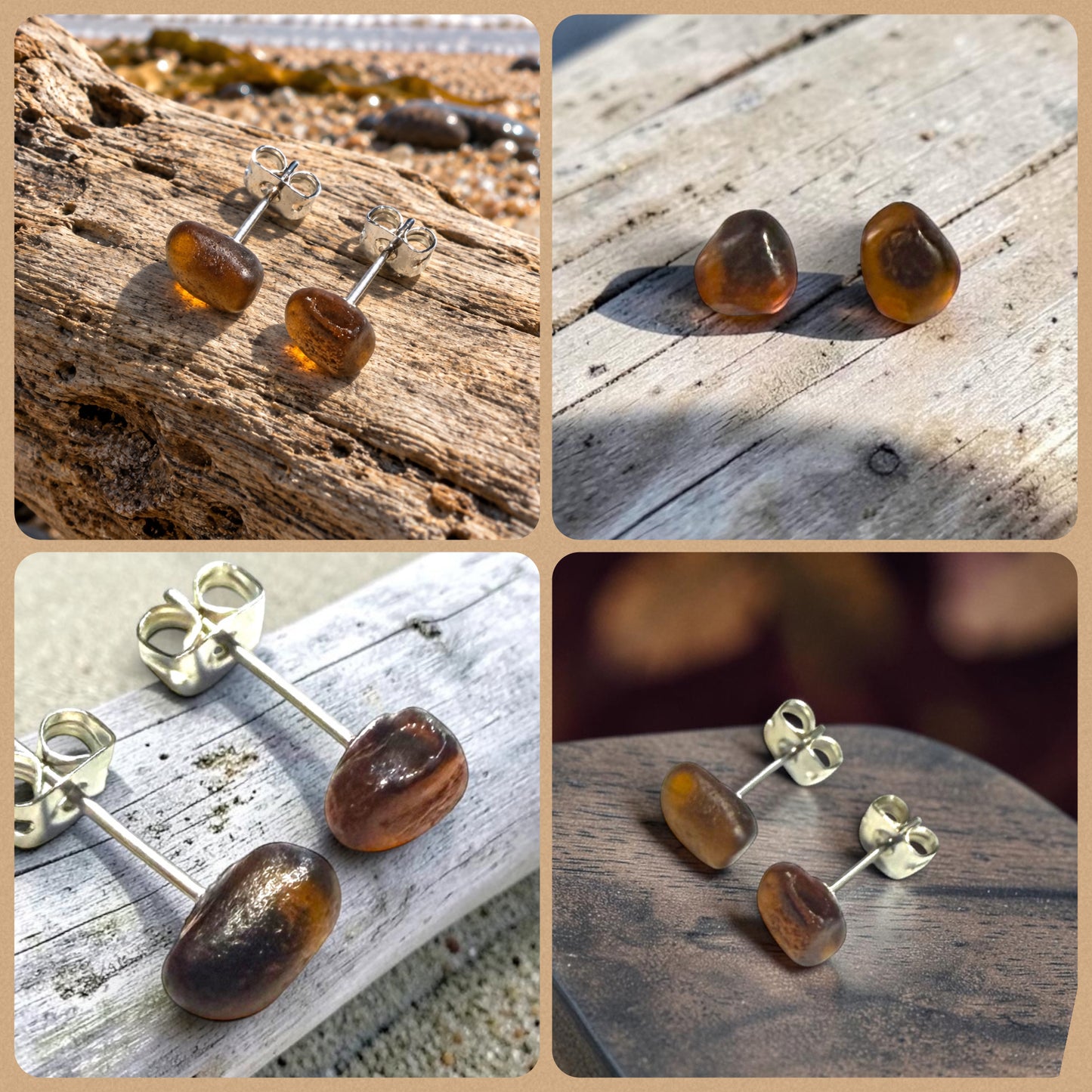 Brown Seaham Glass Stud Earrings