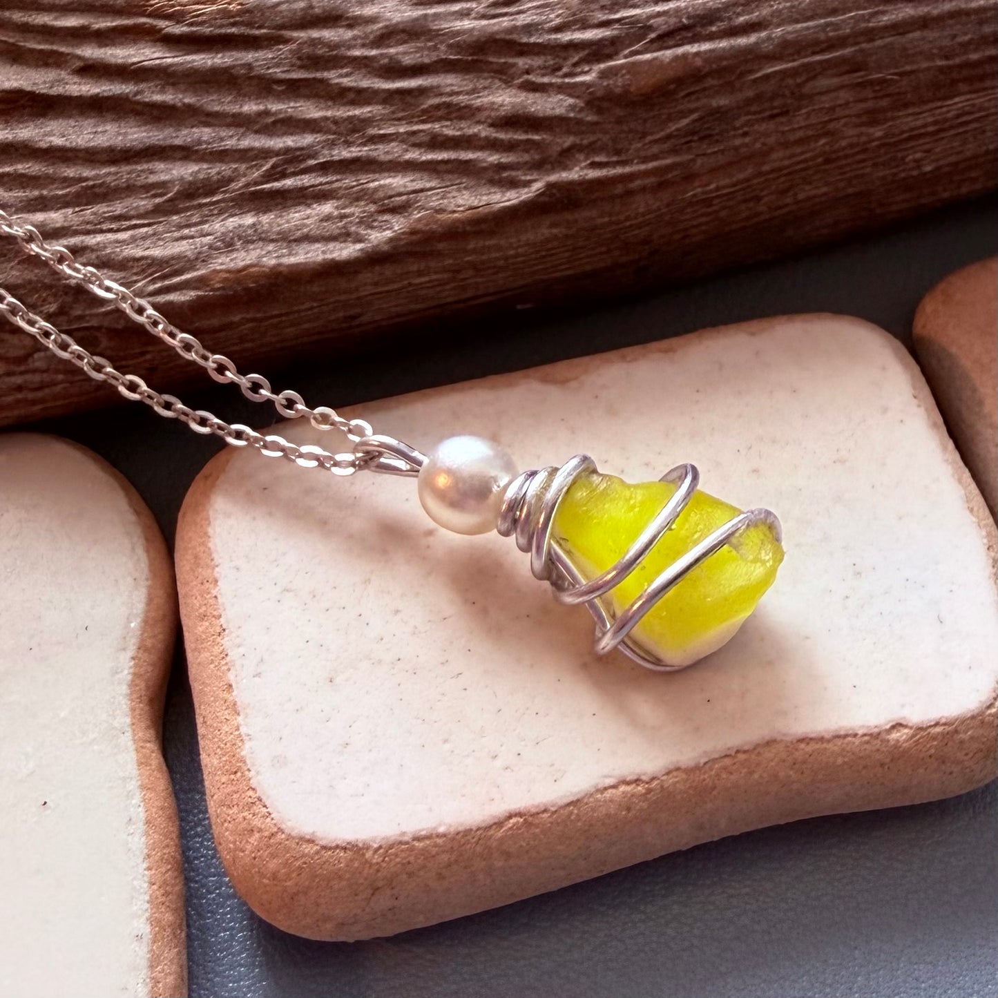 Canary Island Rare Neon Yellow  Sea Glass Pendant
