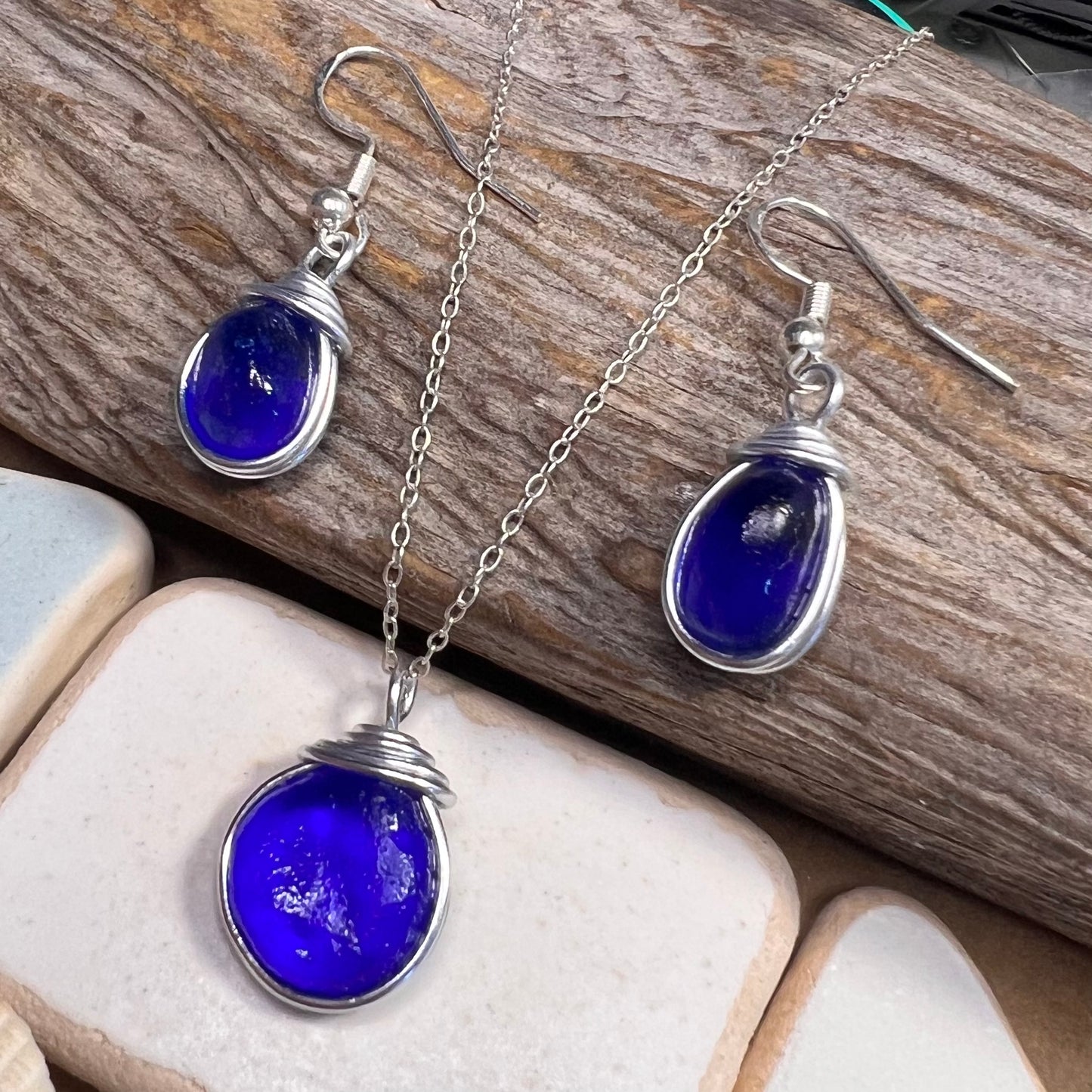 Deep Blue Seaham Sea Glass Jewellery Set