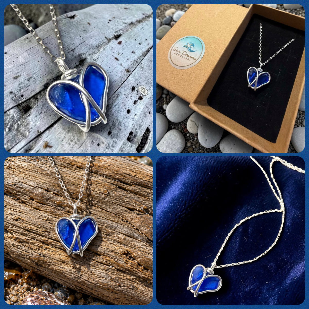 Deep Blue Seaham Sea Glass Heart Pendant