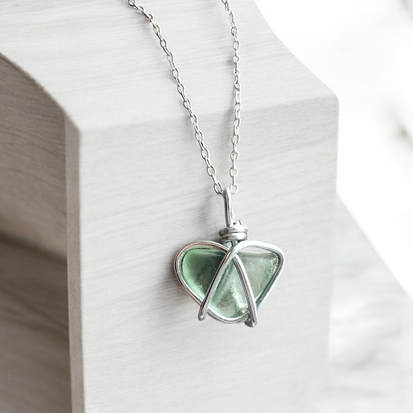 Pale Green Cornish Sea Glass Heart Pendant