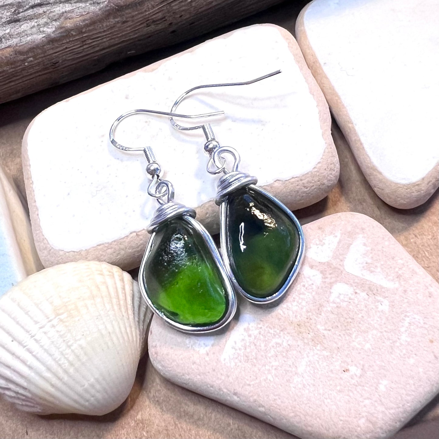 Bright Green Seaham Sea Glass Earrings