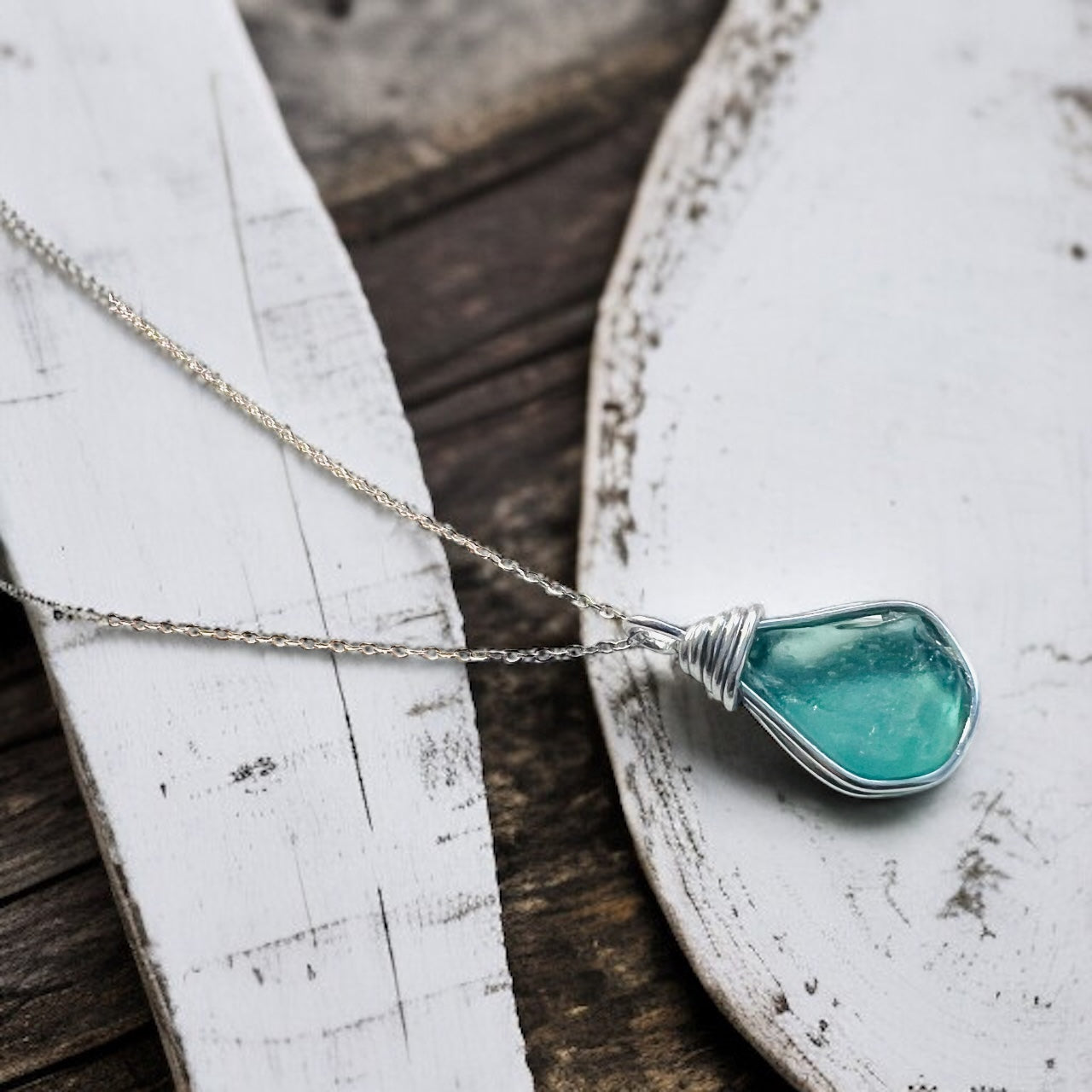 Aqua Blue Seaham Sea Glass Pendant