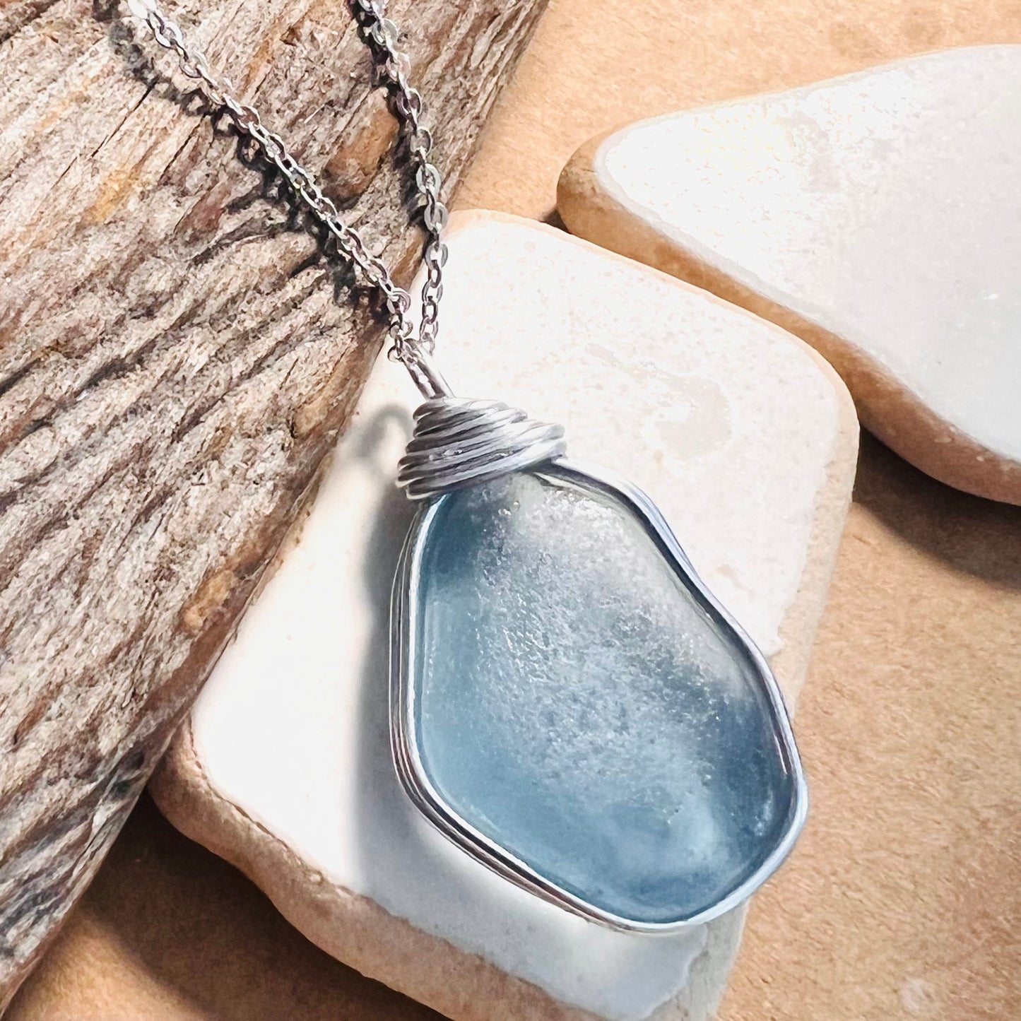 Large Dusky Blue Seaham Sea Glass Pendant