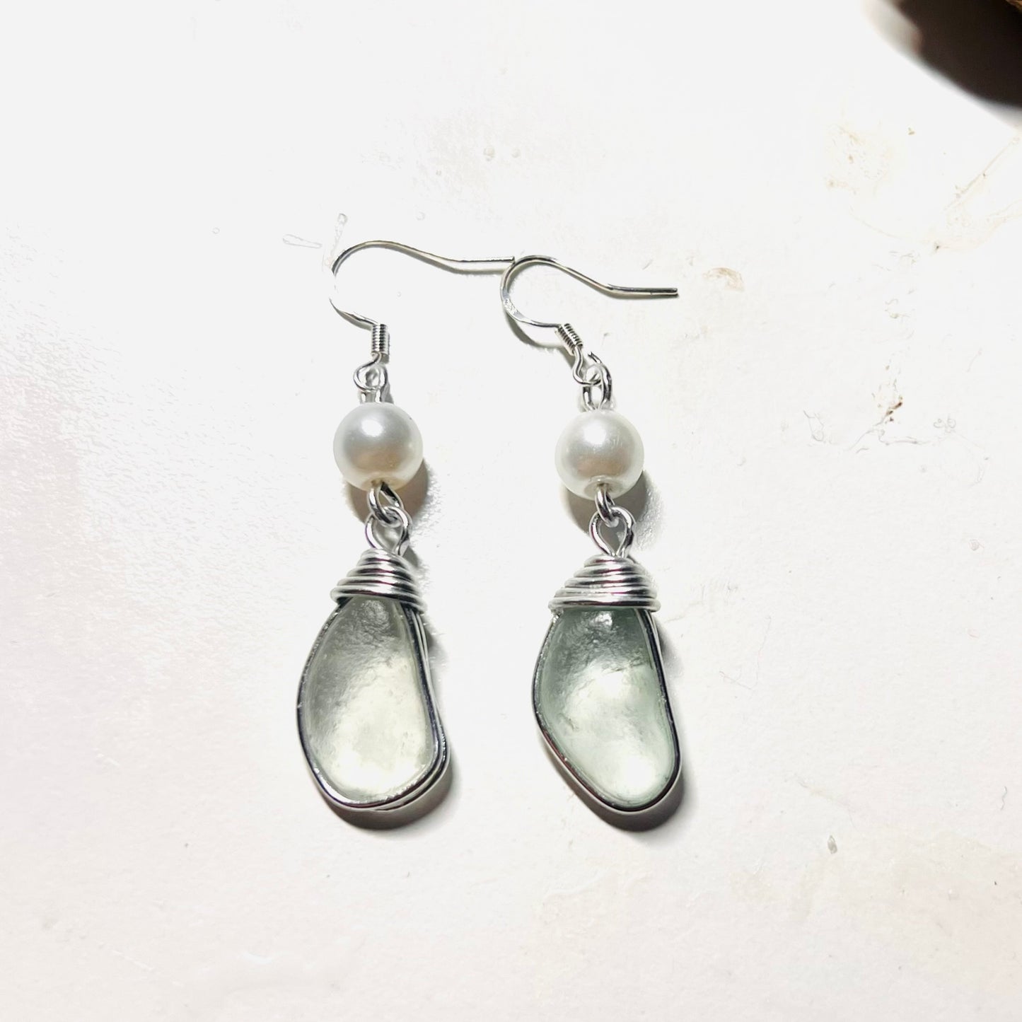 Sea Glass & Pearl Glass Bead Long Drop Earrings