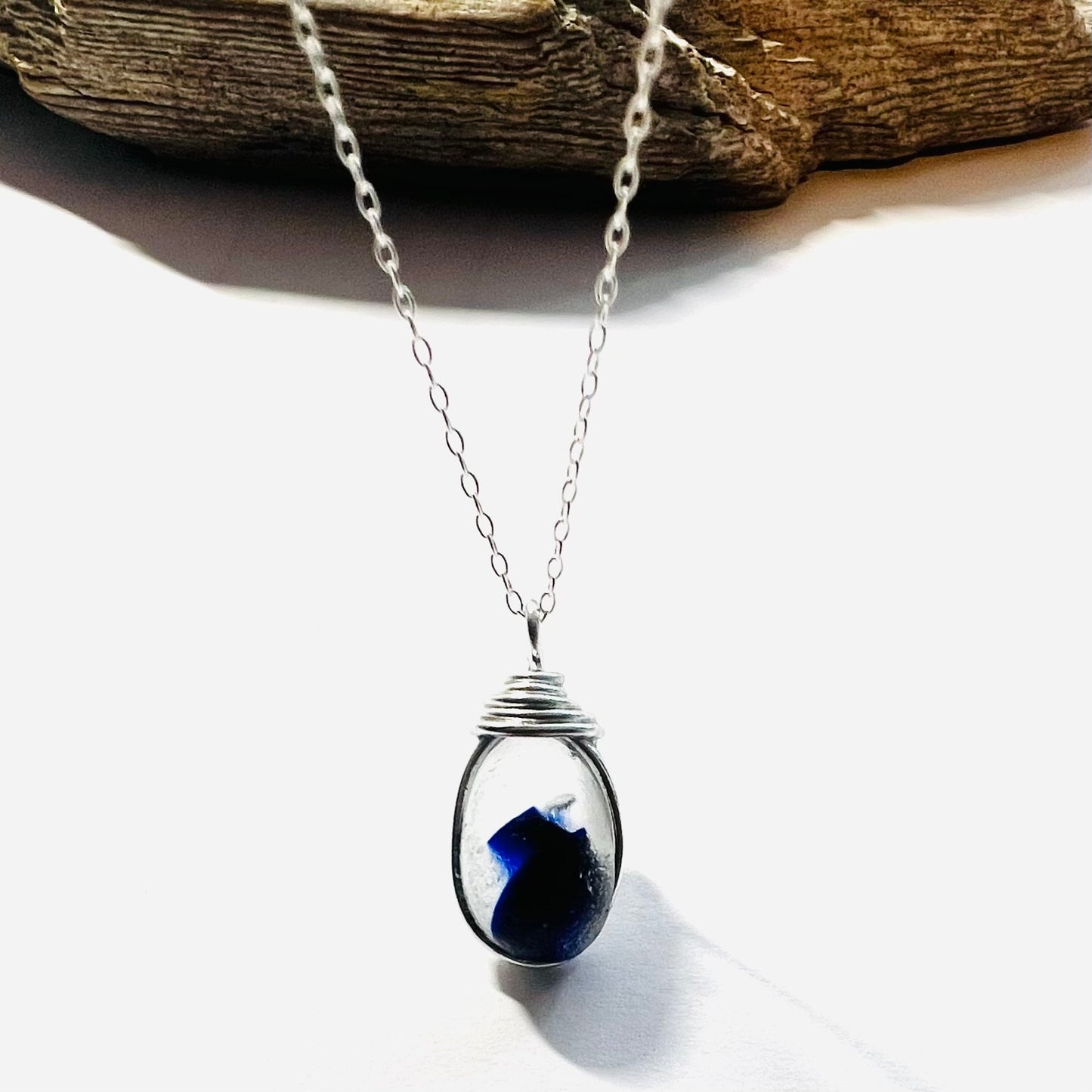 Deep Blue and White Seaham Sea Glass Multi Pendant