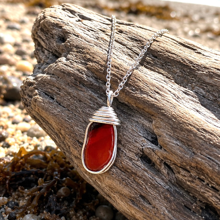 Very Rare Red and Orange Canary Islands Sea Glass Pendant