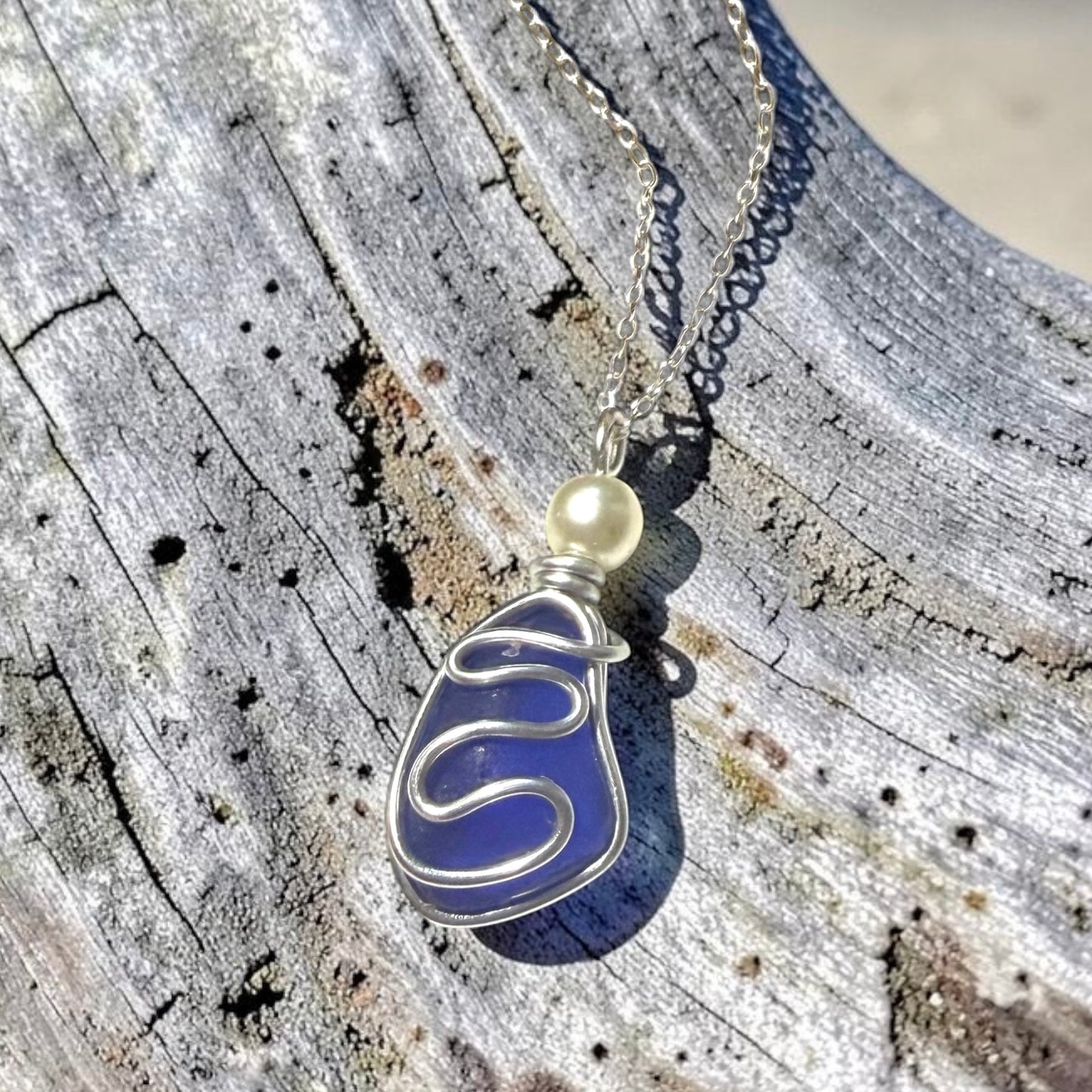 Blue Seaham Sea Glass Waves Glass Pendant