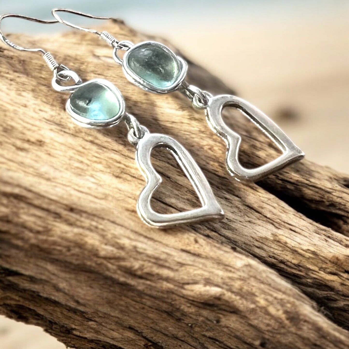 Sea Glass and Heart Dangly Earrings