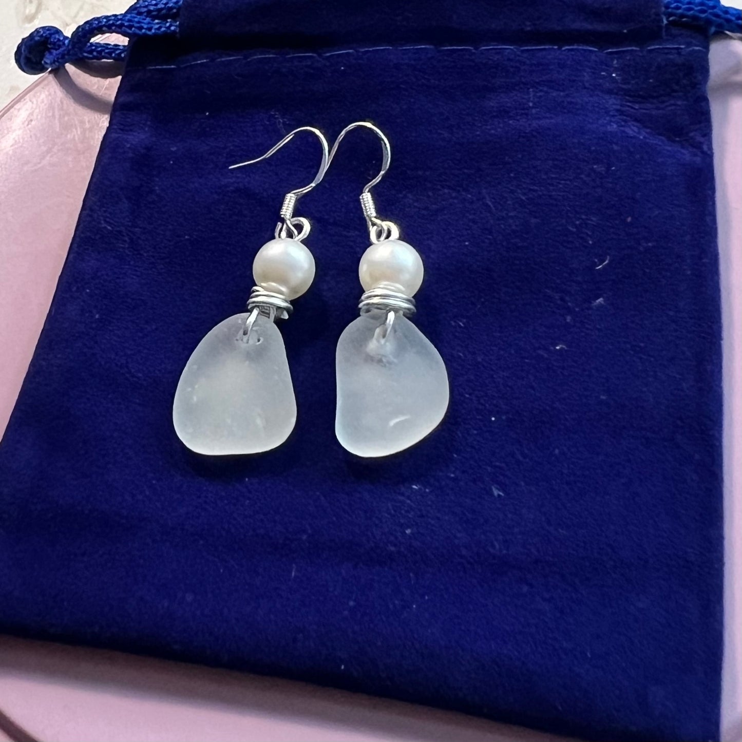 Frosty White Seaham Sea Glass Heart Earrings