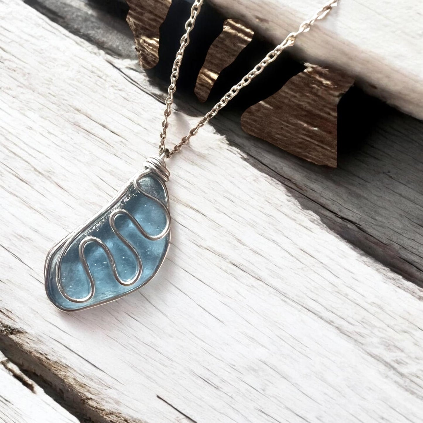 Large Dusky Blue Seaham Sea Glass Waves Glass Pendant