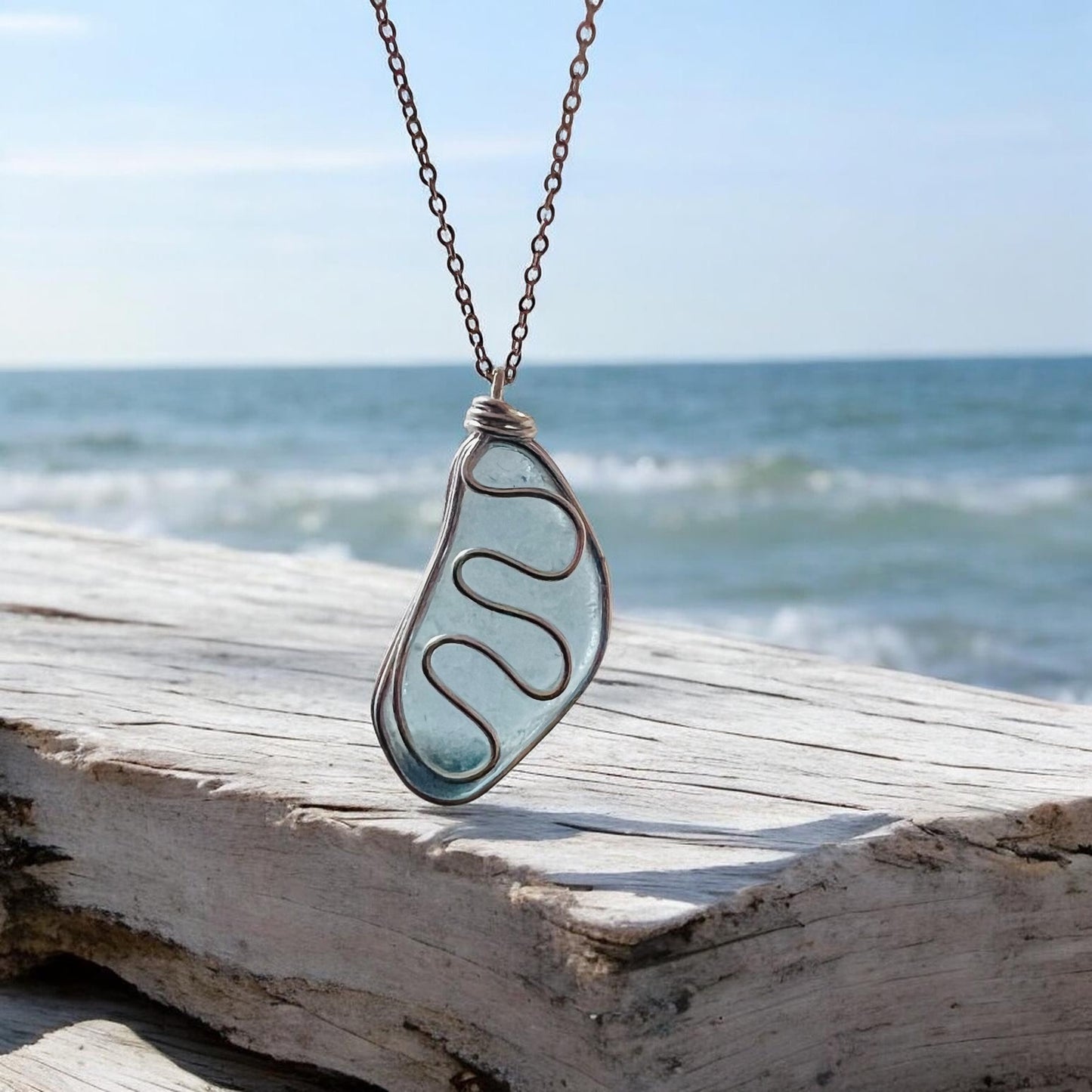 Large Dusky Blue Seaham Sea Glass Waves Glass Pendant