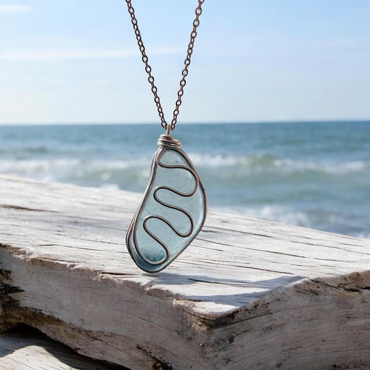 Large Dusky Blue Seaham Sea Glass Waves Glass Pendant