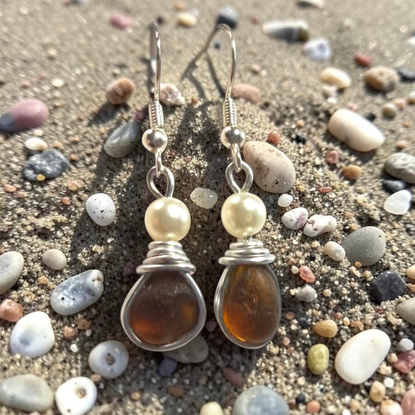Amber Seaham Sea Glass and Glass Pearl Dangly Earrings