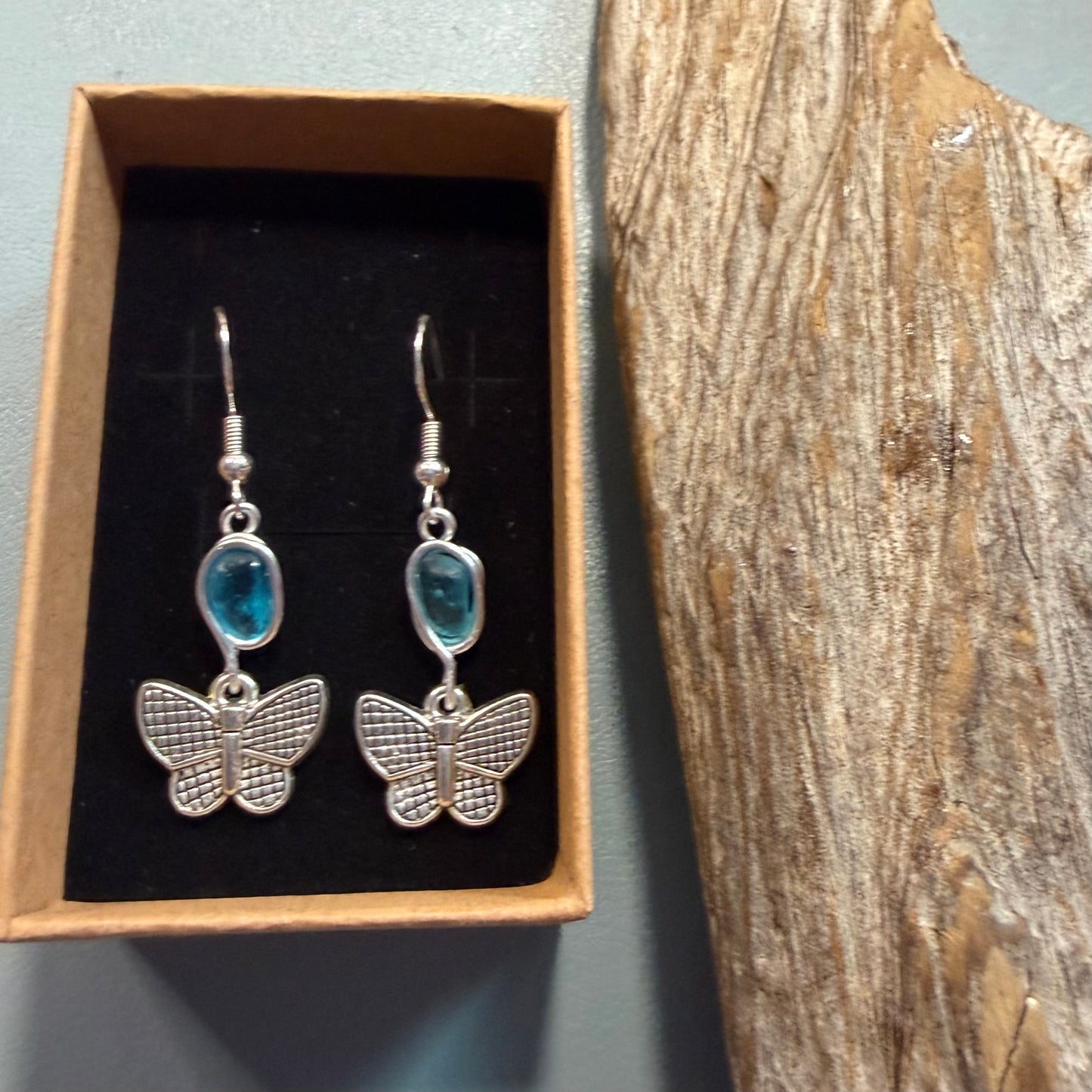 Blue Seaham Sea Glass Butterfly Charm Earrings
