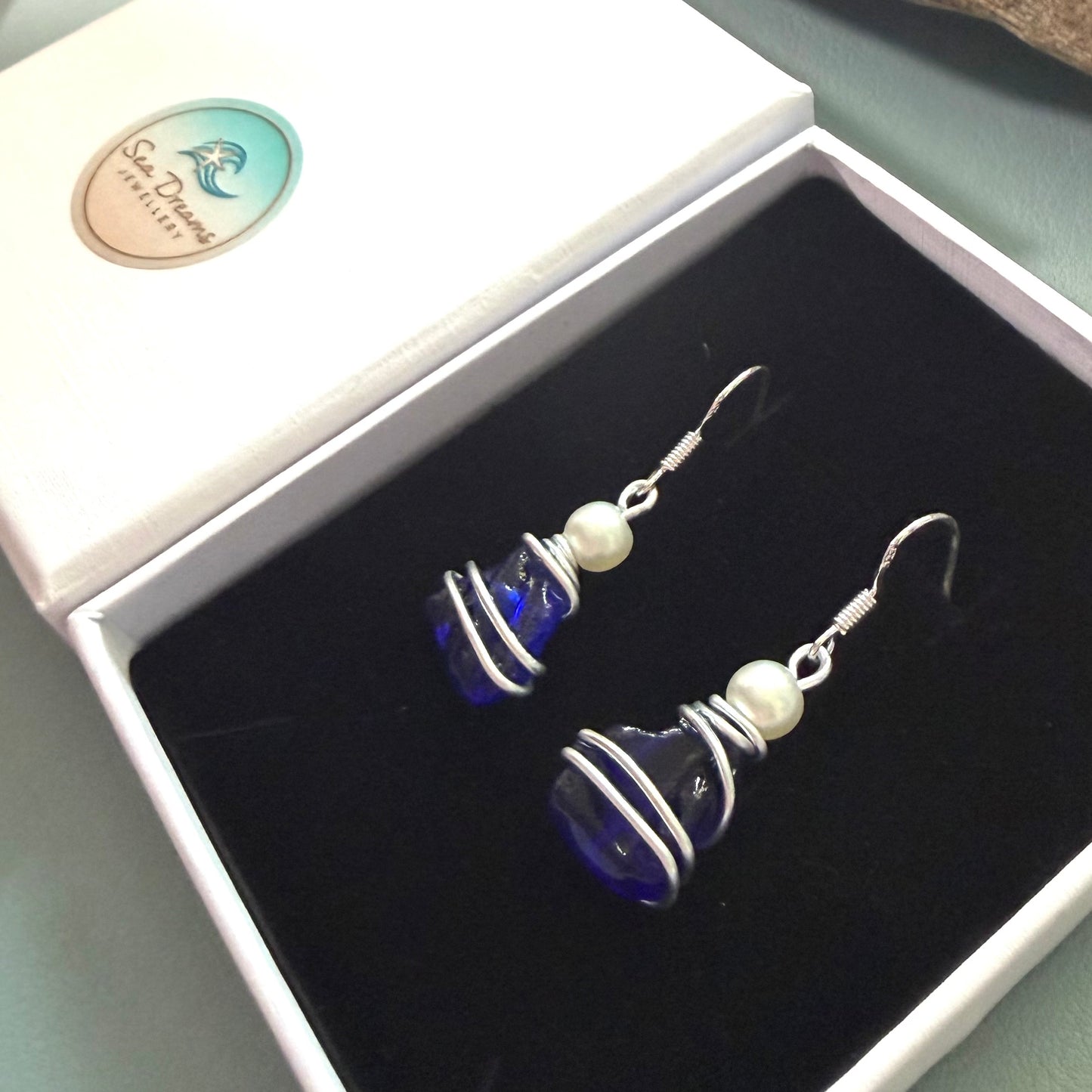 Deep Kent Blue Sea Glass Stud Earrings