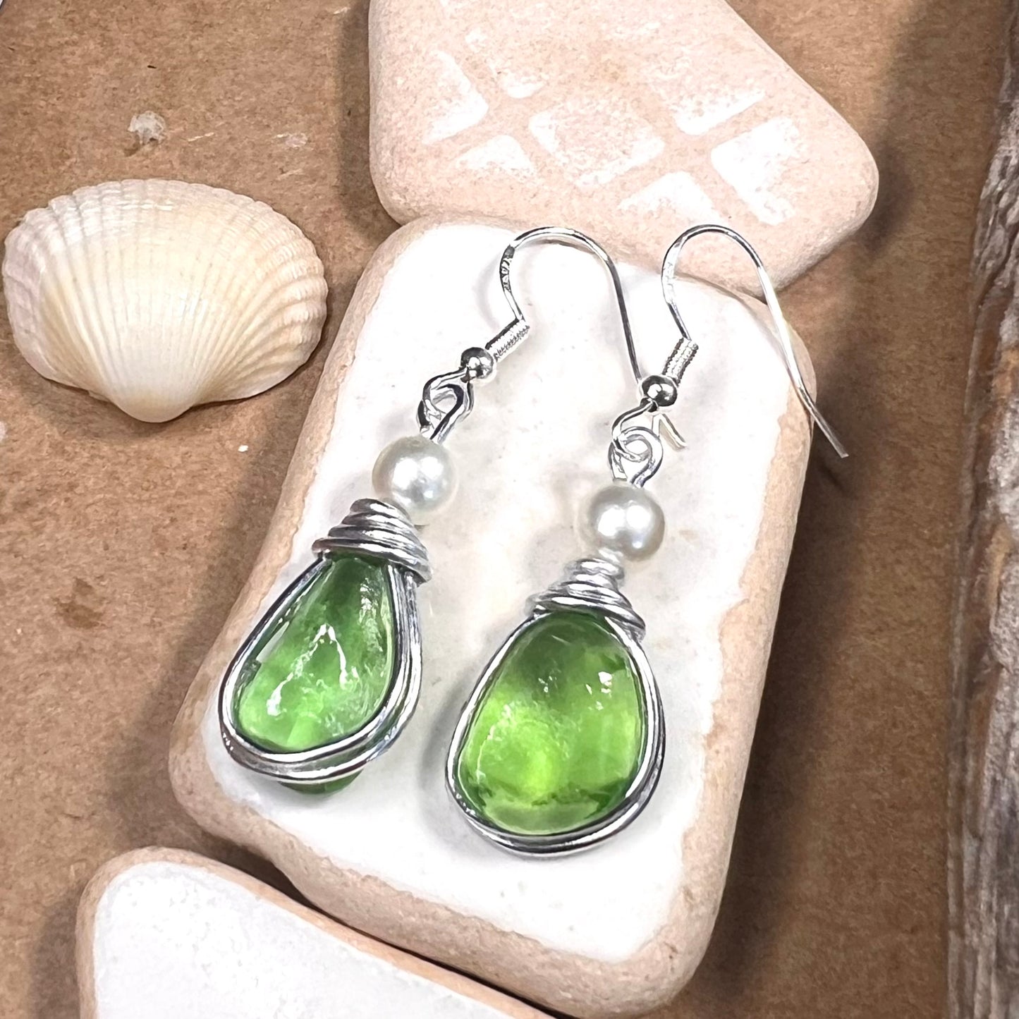 Bright Green Seaham Sea Glass Earrings