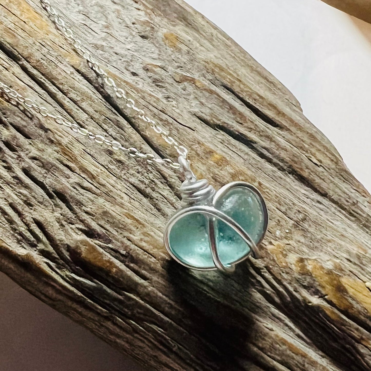 Bright Aqua Blue Heart Sea Glass Pendant