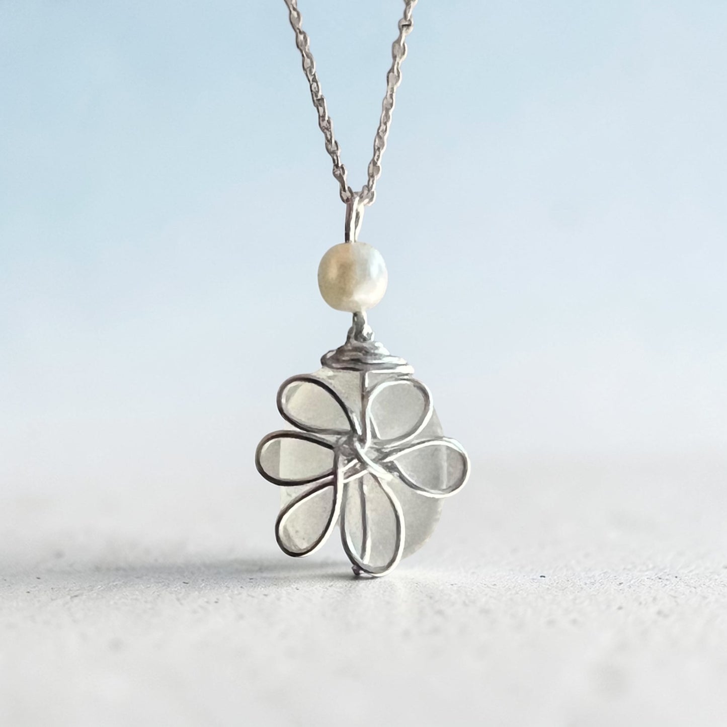 Frosty White Sea Glass Flower Pendant