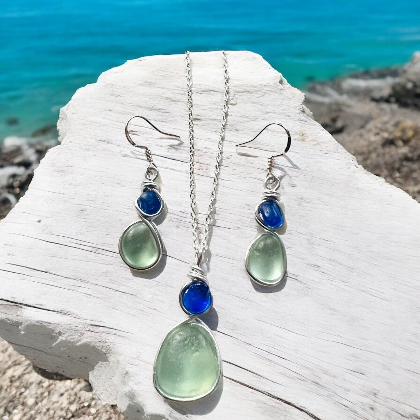 Aqua and Blue Seaham Sea Glass Jewellery Set