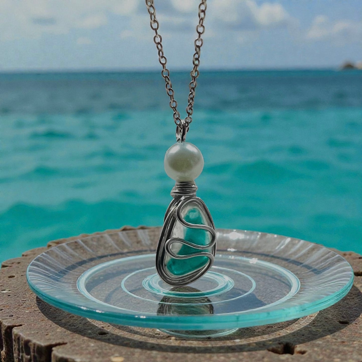 Turquoise Seaham Sea Glass Multi Waves Pendant