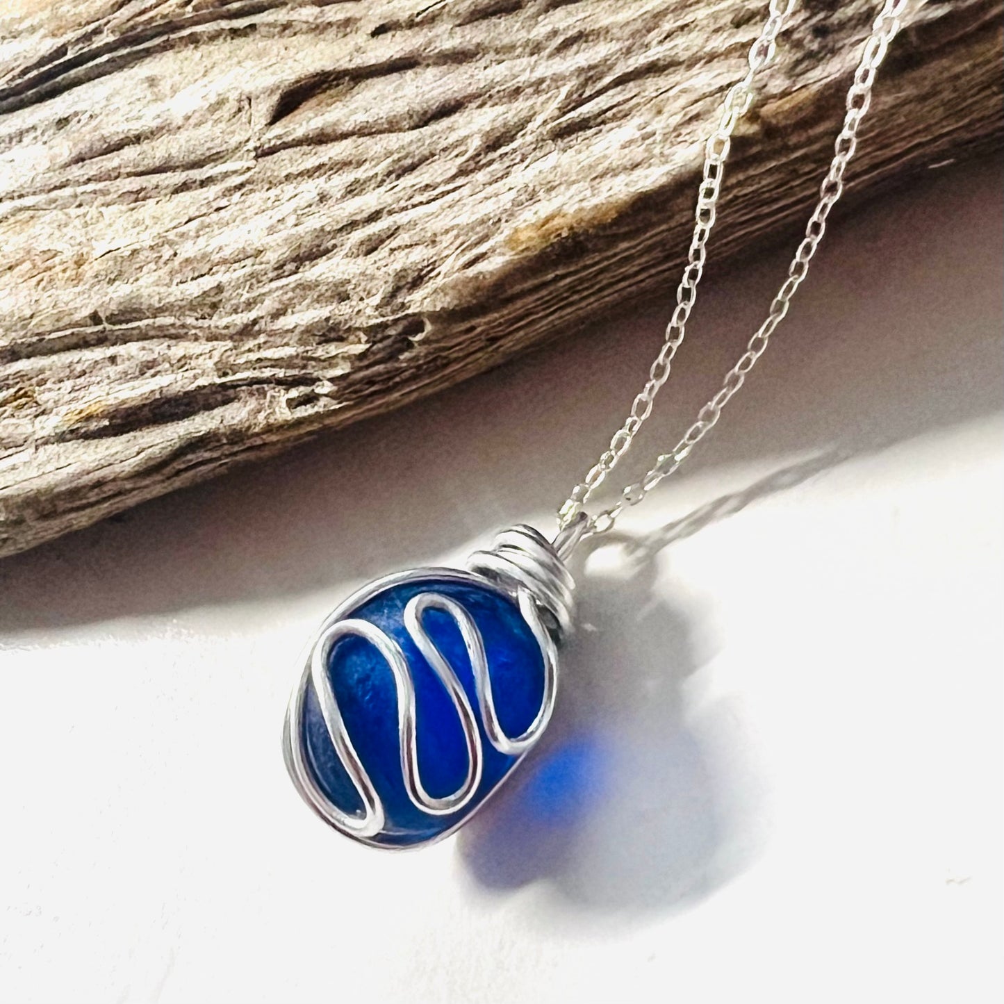 Cobalt Blue Seaham Sea Glass Waves Pendant