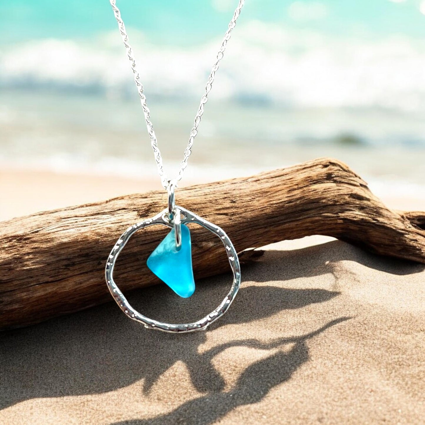 Seaham Sea Glass Bright Aqua Shade Frame Pendant