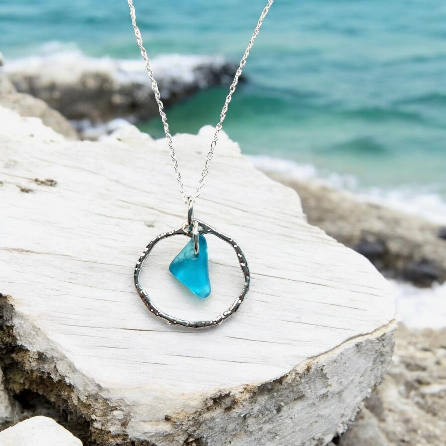 Seaham Sea Glass Bright Aqua Shade Frame Pendant