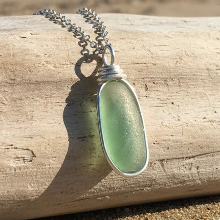 Pale Green Cornish Sea Glass Heart Pendant