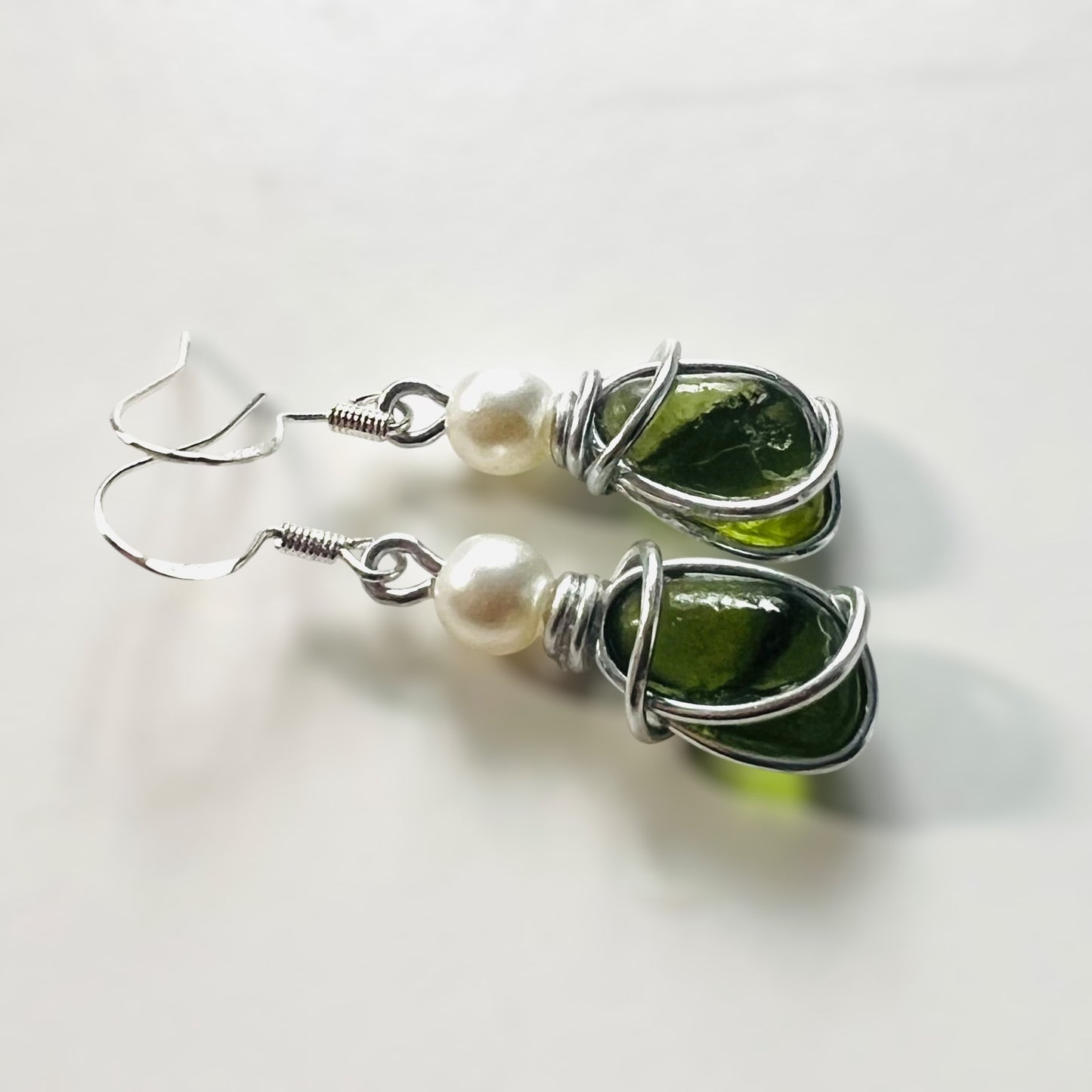 Green Seaham Sea Glass and Glass Pearl Earrings