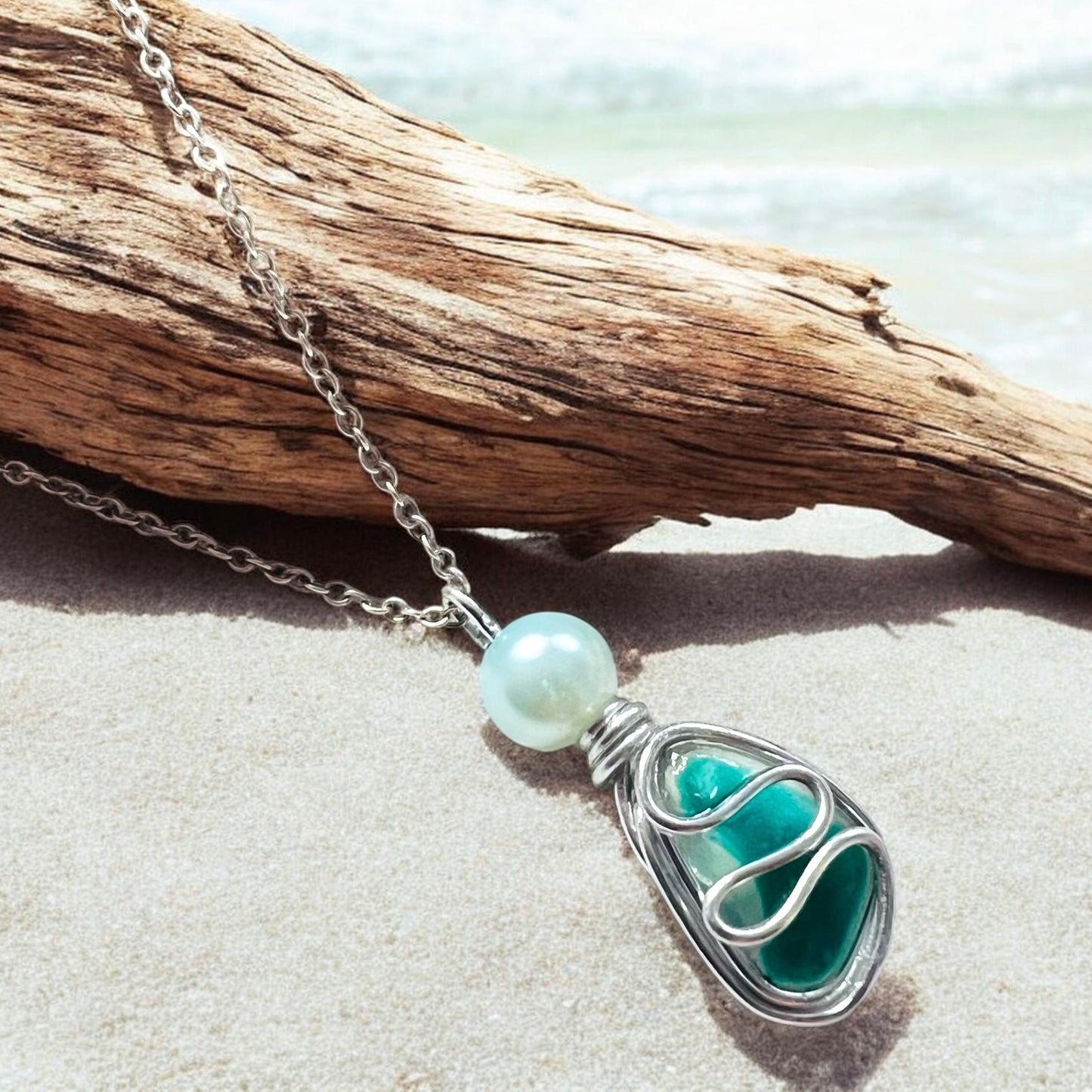 Turquoise Seaham Sea Glass Multi Waves Pendant