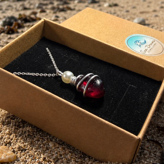 Rare Burgundy Red Seaham Sea Glass  Pendant