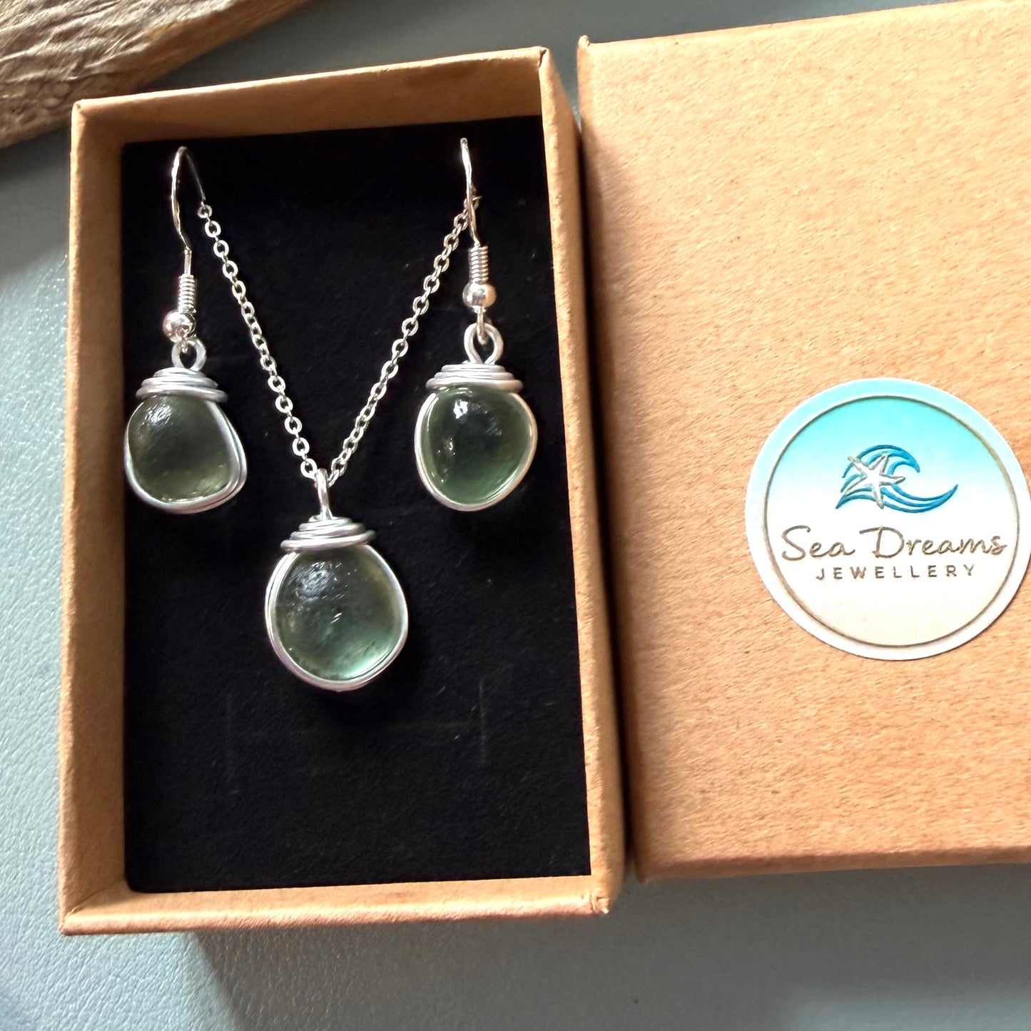 Pale Green Seaham Sea Glass Jewellery Set