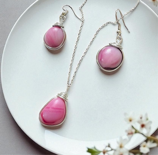 Pale Pink Milky Sea Glass Multi Tone Jewellery Set