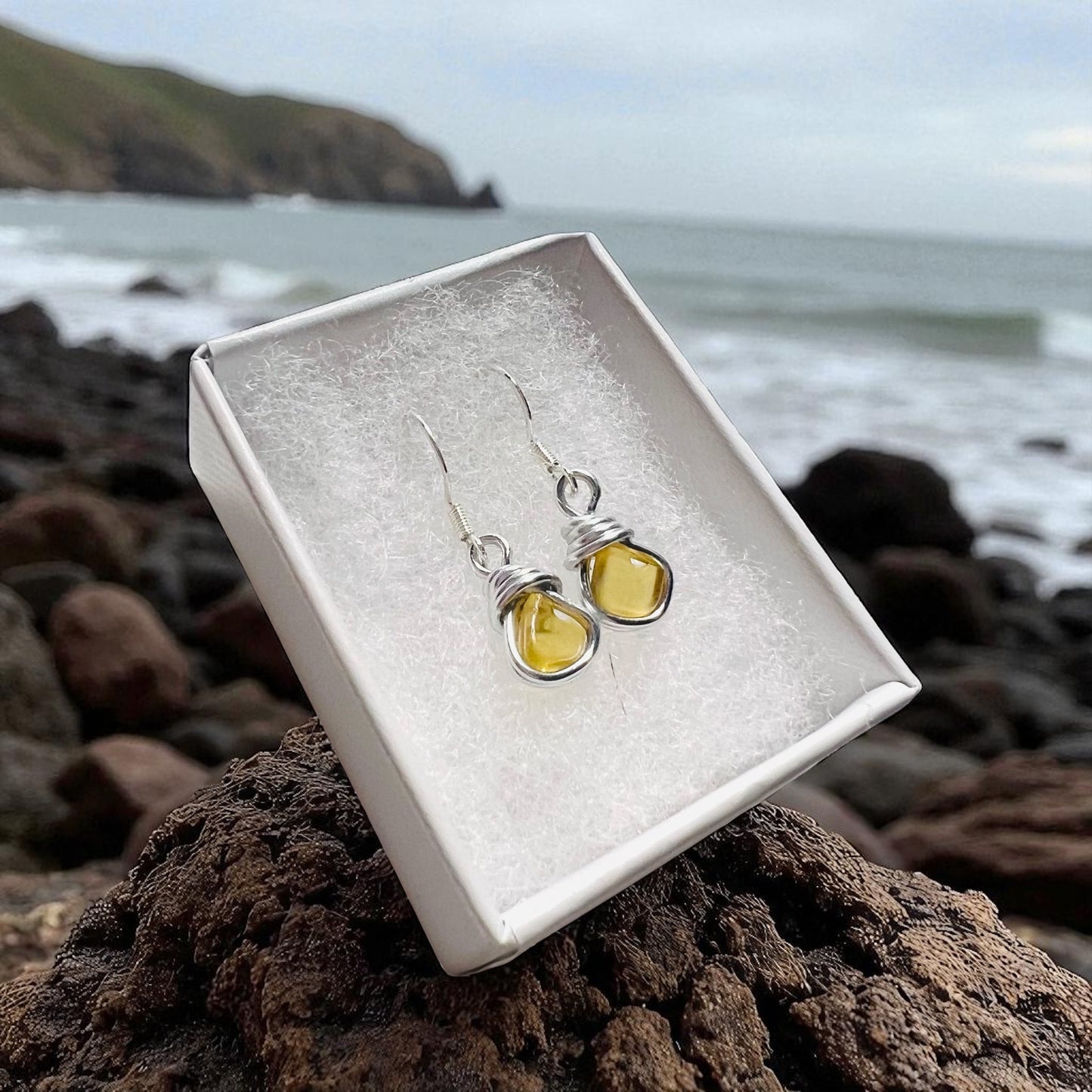Small Seaham Sea Glass Yellow Earrings