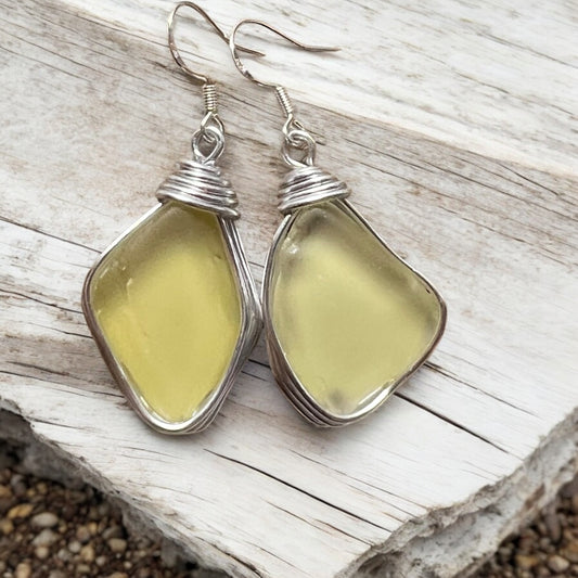 Large Rare Pale Yellow Sea Glass Earrings