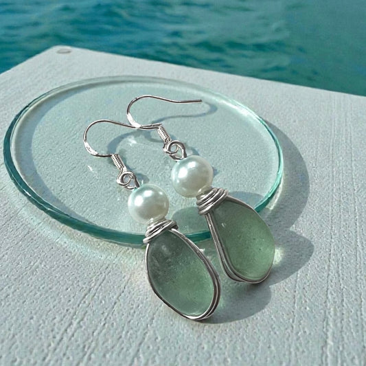 Sea Glass & Pearl Glass Bead Drop Earrings