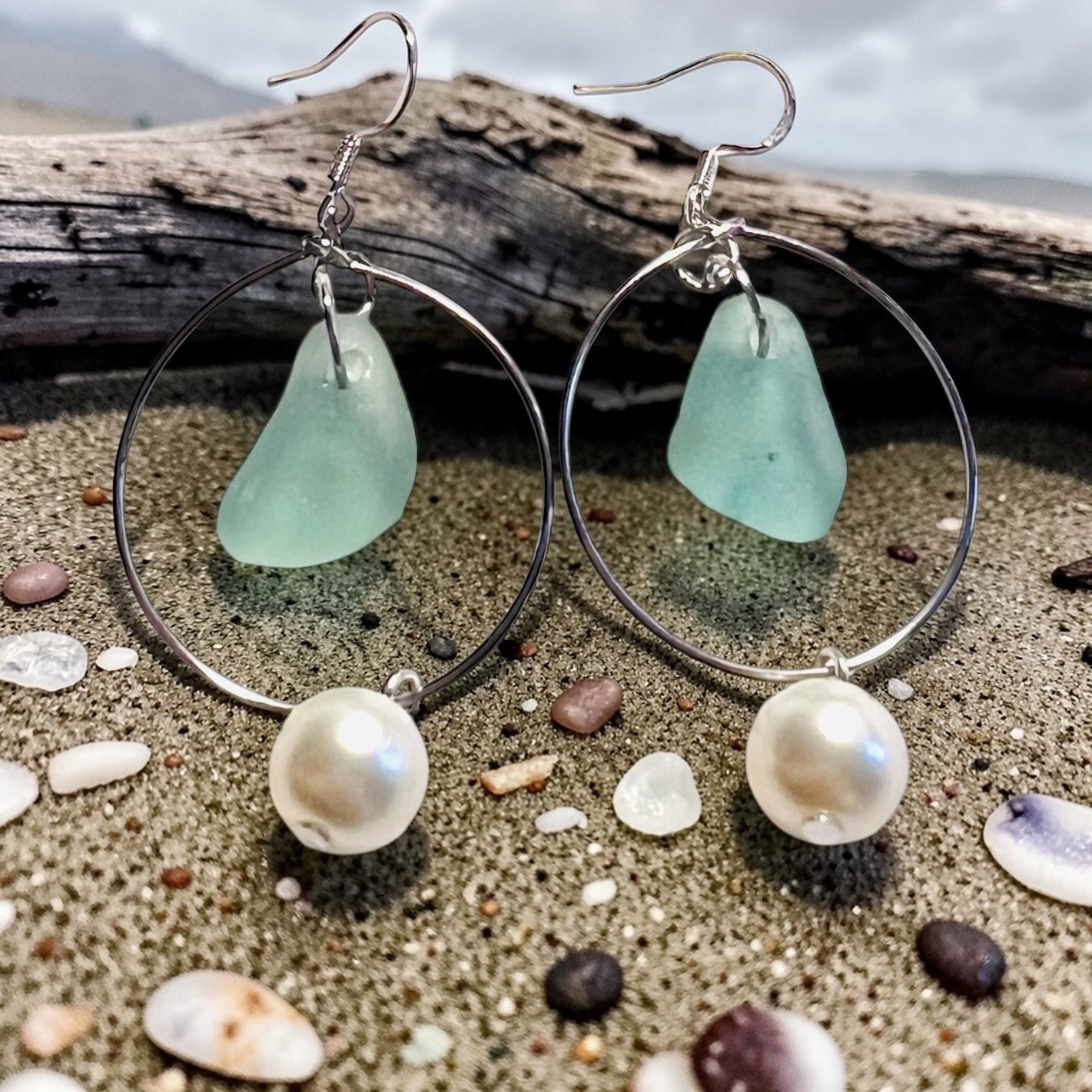 Statement Seaham Sea Glass and Glass Pearl Earrings
