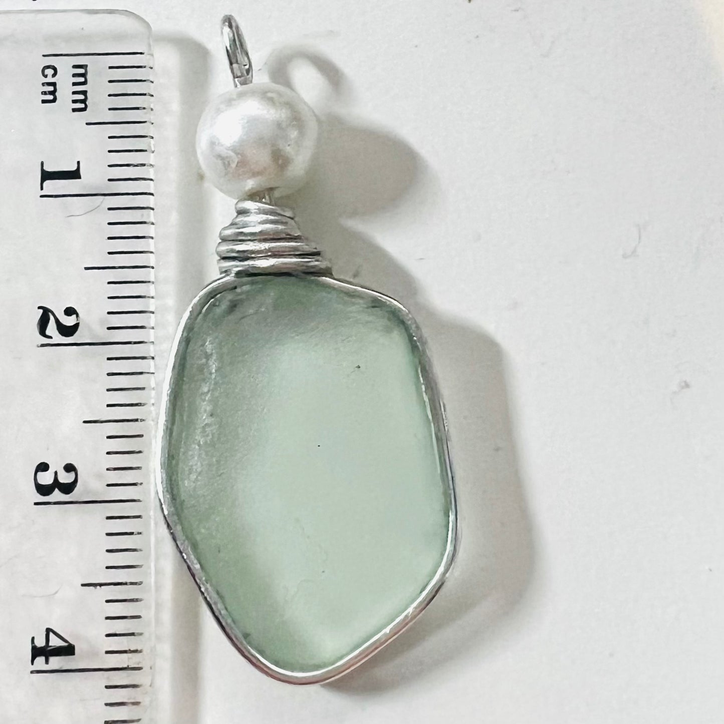 Pale Aqua Cornish Sea Glass & Glass Pearl Pendant