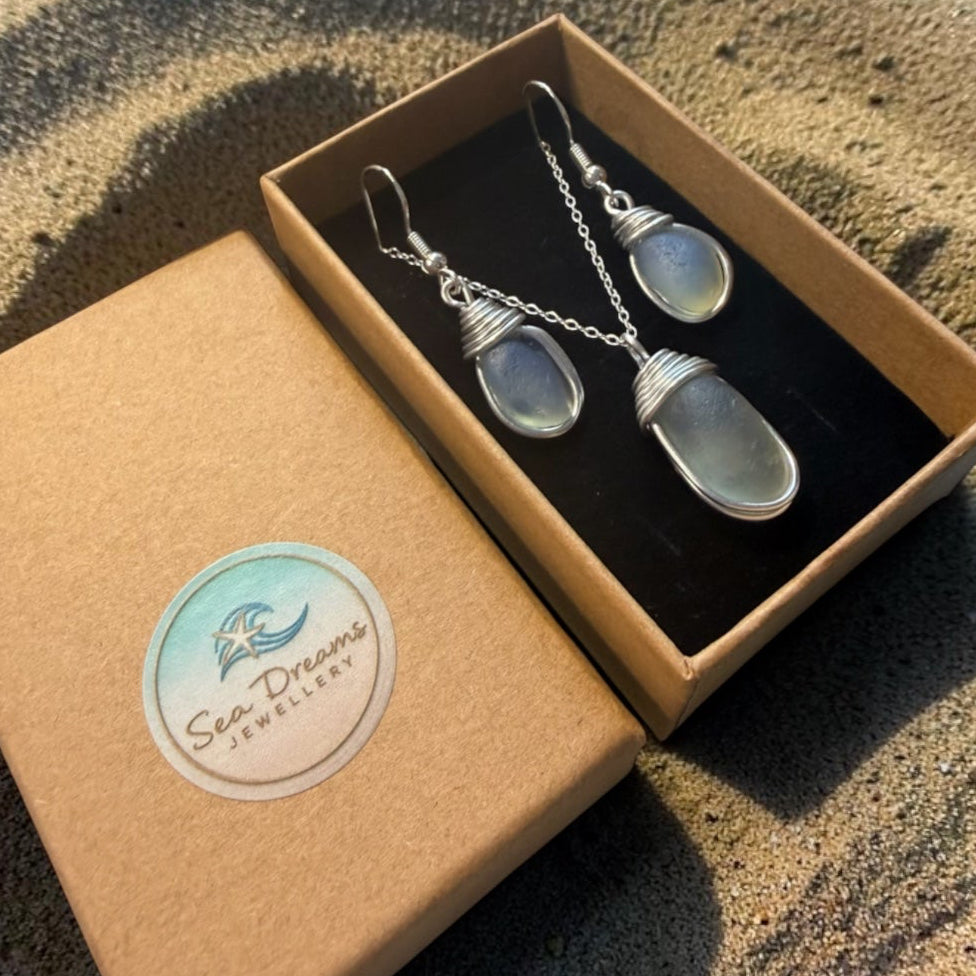 Rare Opalescent Seaham Sea Glass Jewellery Set