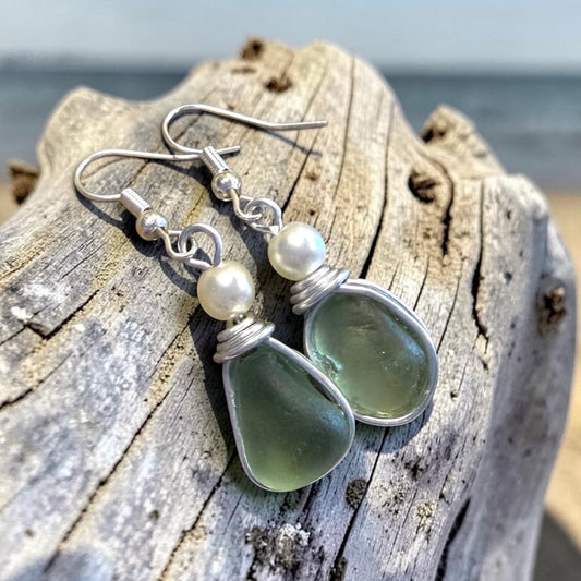 Devon Sea Glass & Ivory Glass Pearl Bead Earrings