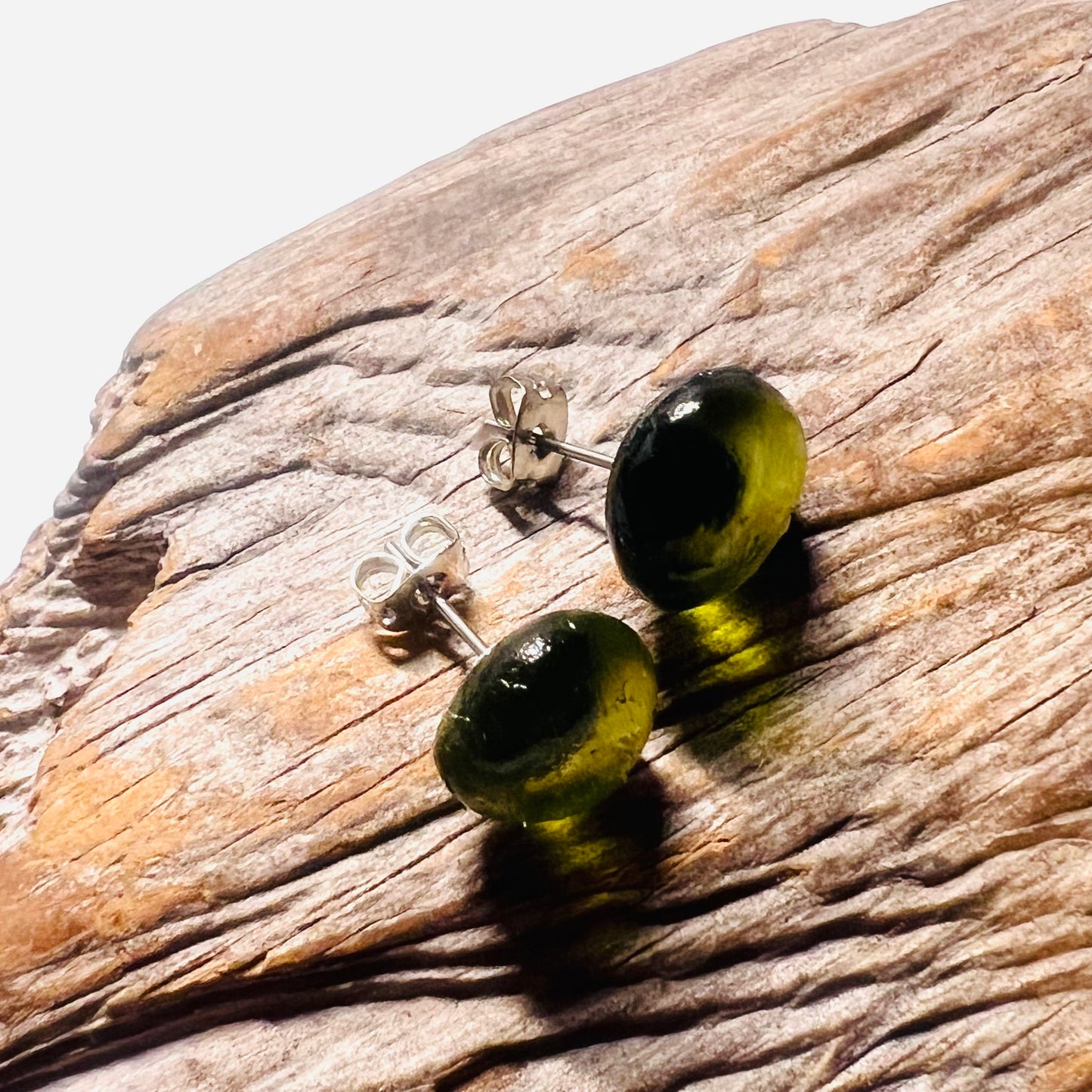 Olive Green Seaham Glass Stud Earrings