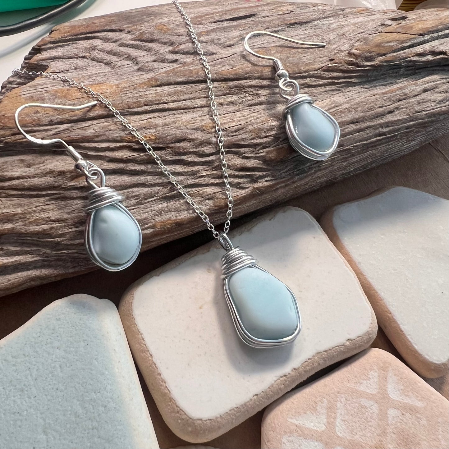 Milky Blue Seaham Sea Glass Jewellery Set