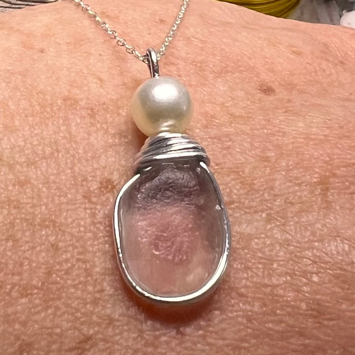 Pale Pale Pink & White Seaham Sea Glass Multi Pendant