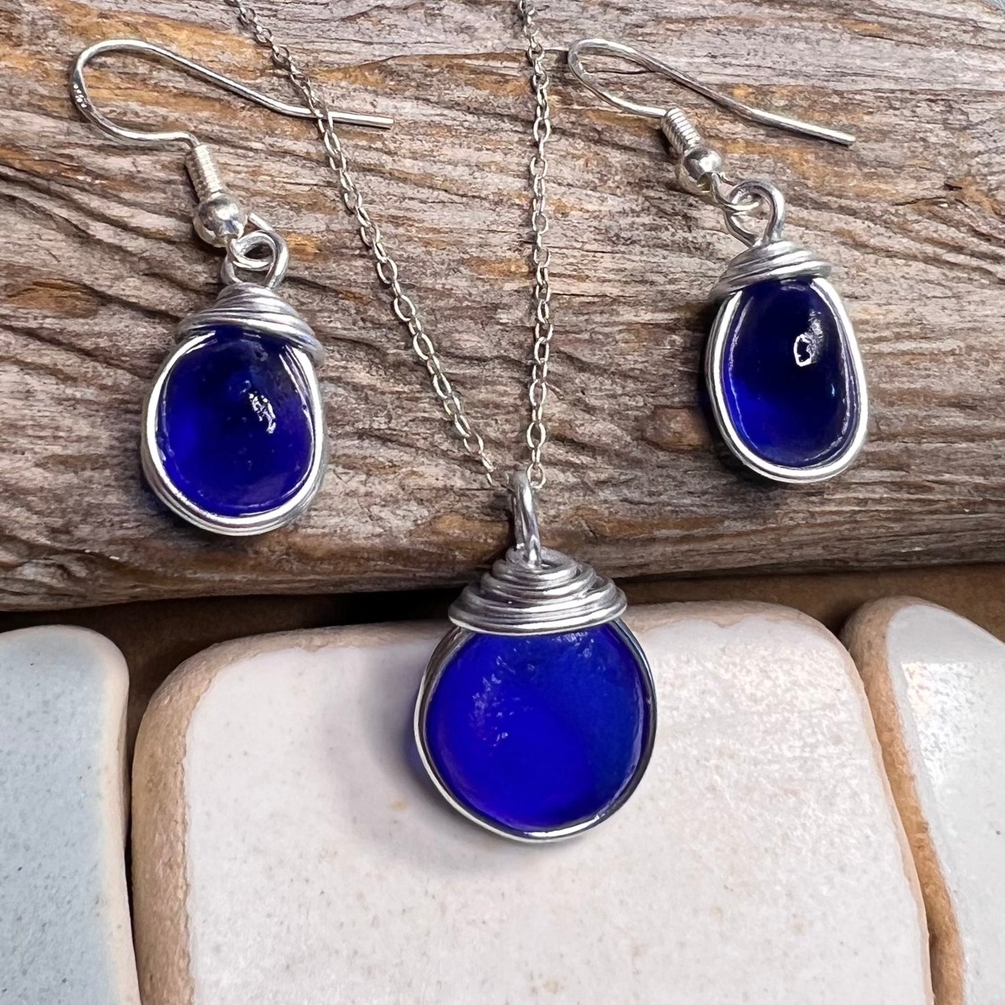 Deep Blue Seaham Sea Glass Jewellery Set