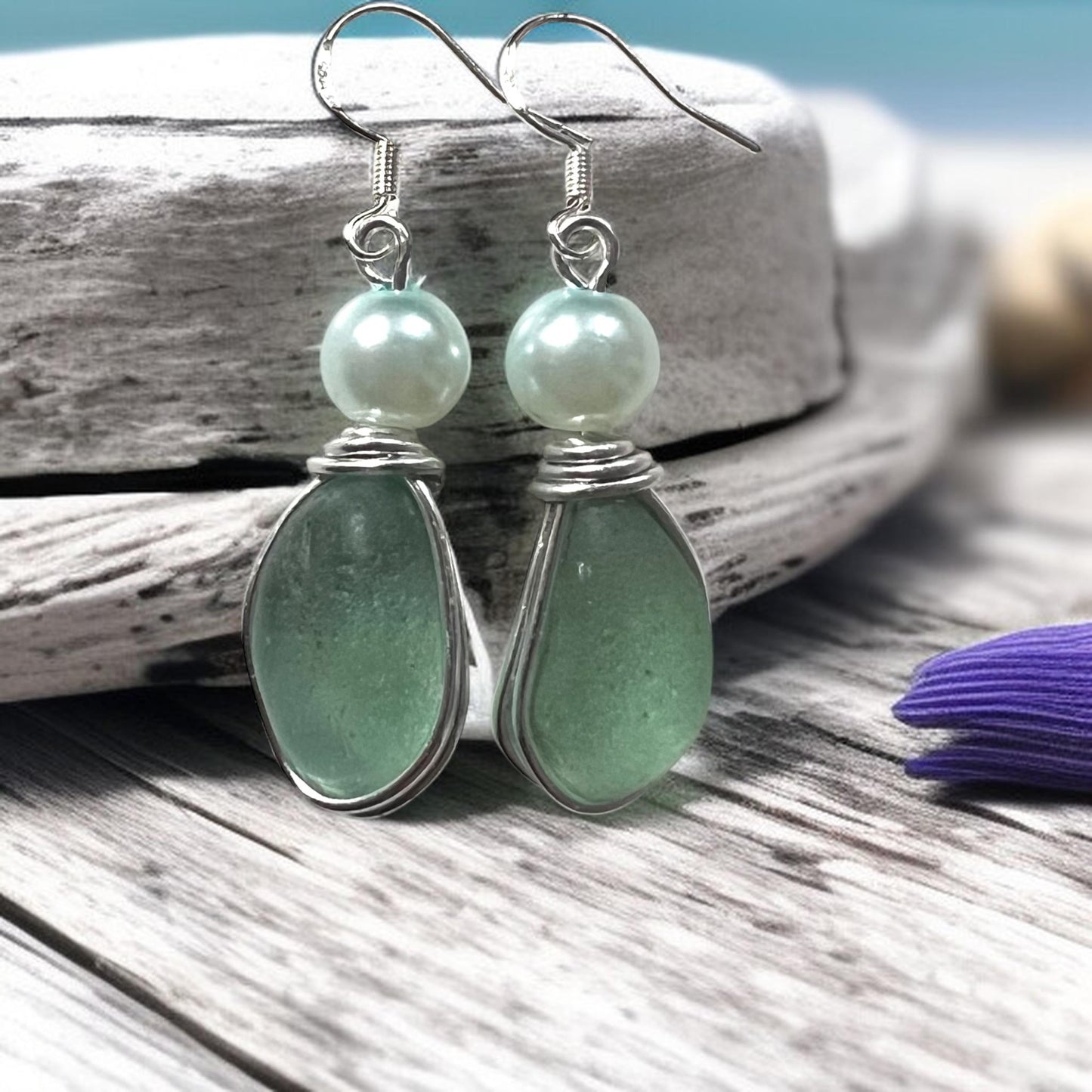 Sea Glass & Pearl Glass Bead Drop Earrings