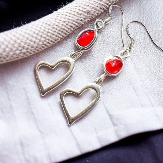 Red Sea Glass and Heart Dangly Earrings