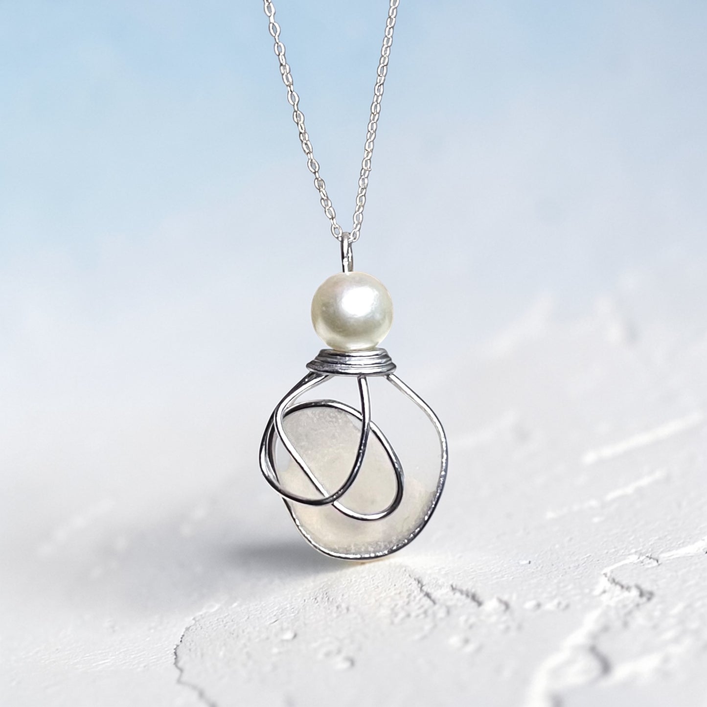 White Sea Glass & Glass Pearl Pendant